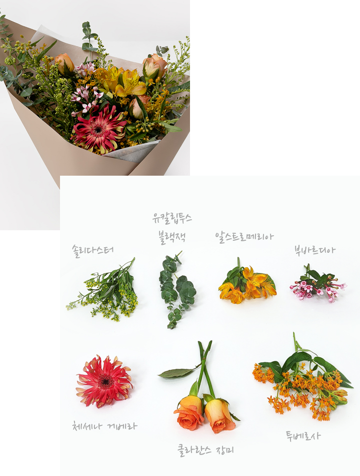 주황색꽃다발, 오렌지꽃다발, 체세나거베라, 투베로사, 솔리다스터, 부바르디아, 꽃구독,꽃다발